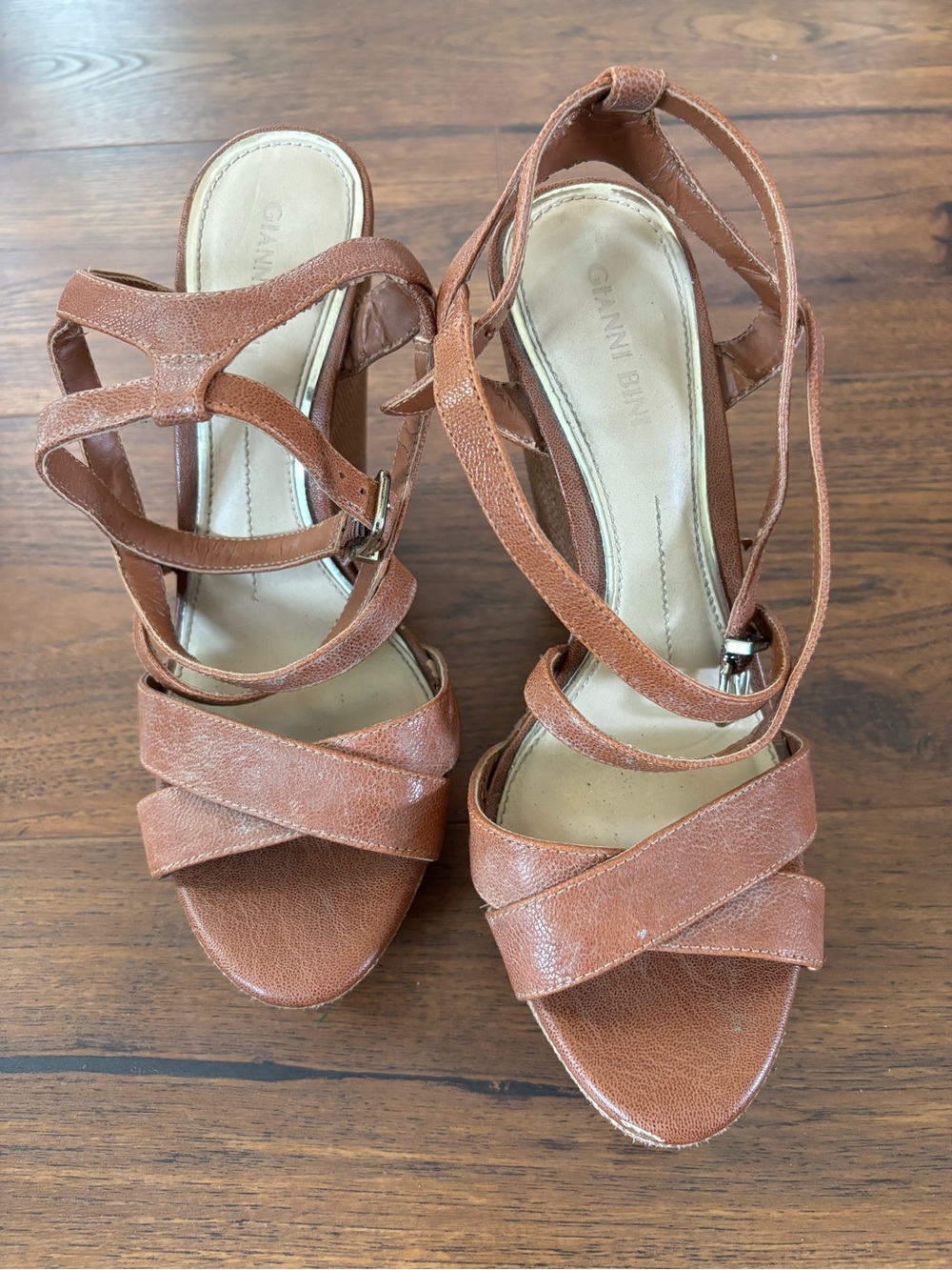 Gianni Bini Tan Strappy Leather Heels with Ankle Wrap